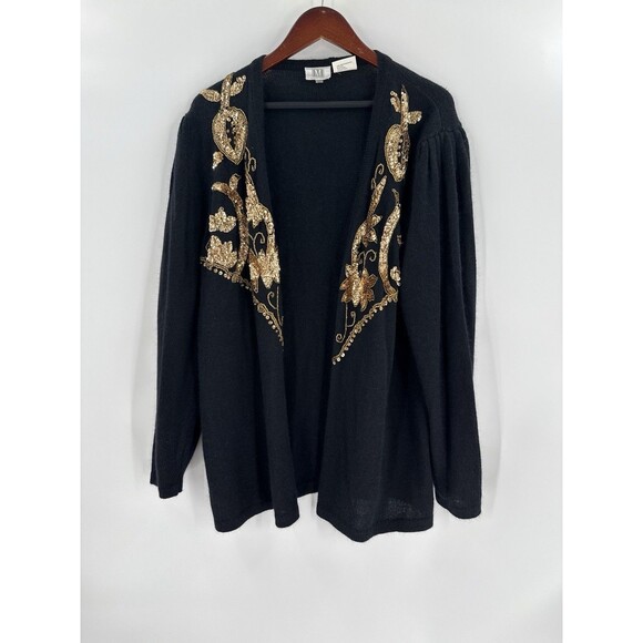 VINTAGE MADELEINE Black Angora Blend Cardigan Sweater Gold Sequins Womens MEDIUM - Picture 7 of 11